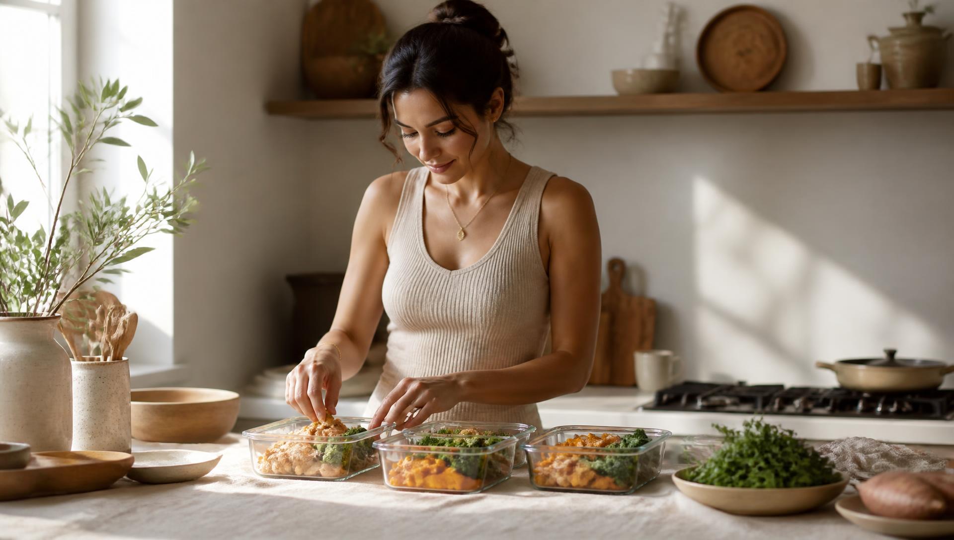 High-protein meal prep in a sunlit kitchen